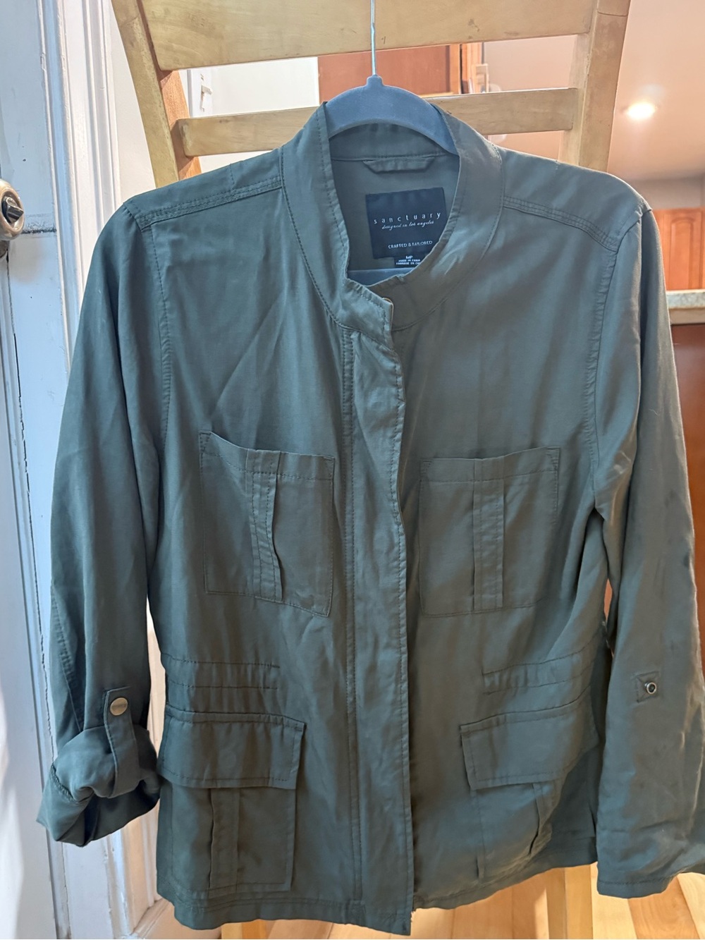 Sanctuary Olive Green Woman's Utility Jacket with Button-Tab Sleeves